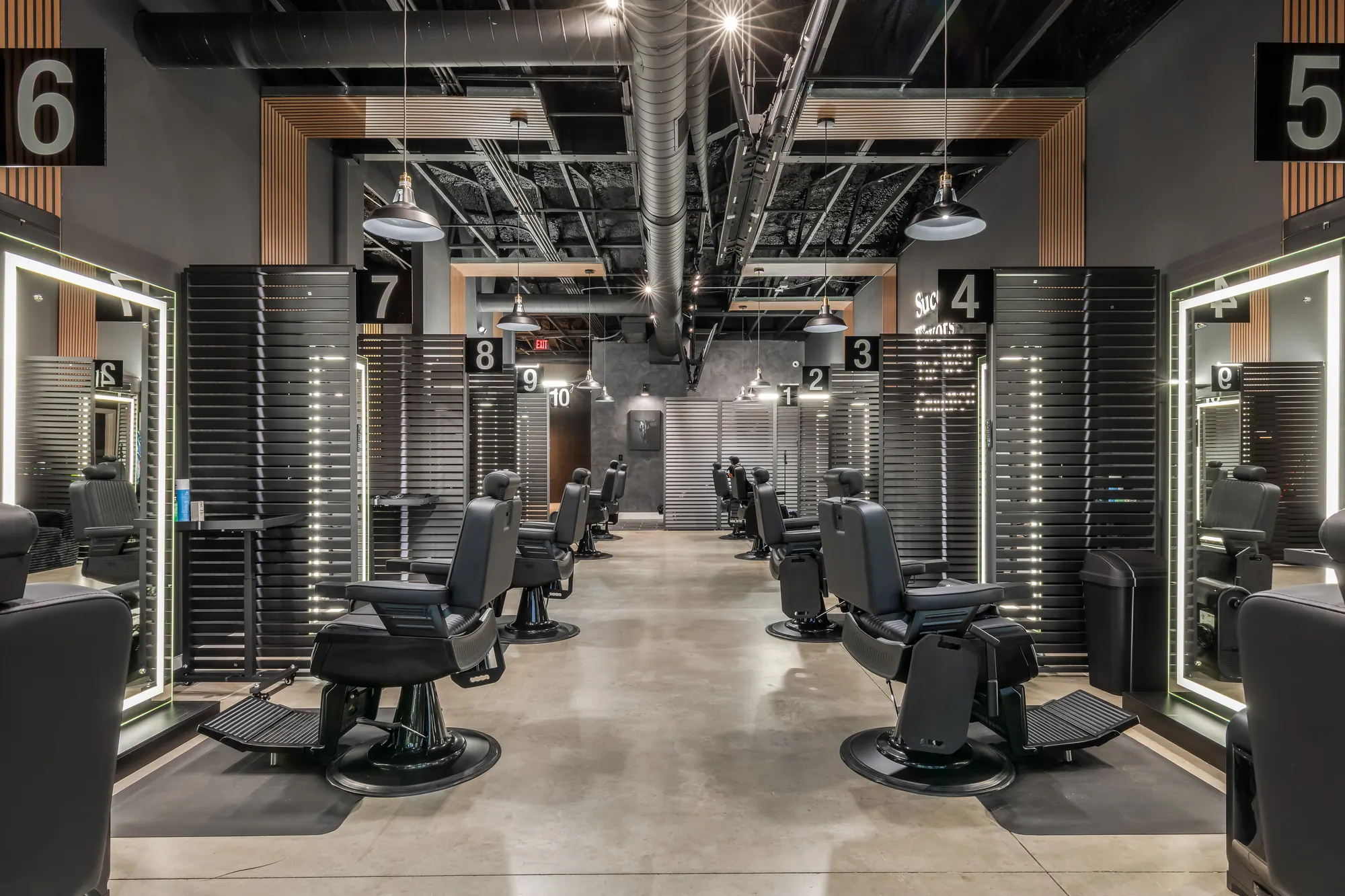 Long view down the barber workstations at DG's Barber Shop in Grand Prairie, Texas