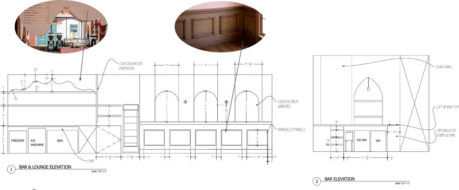 Elevation drawing of the Moharani Coffee House bar and lounge